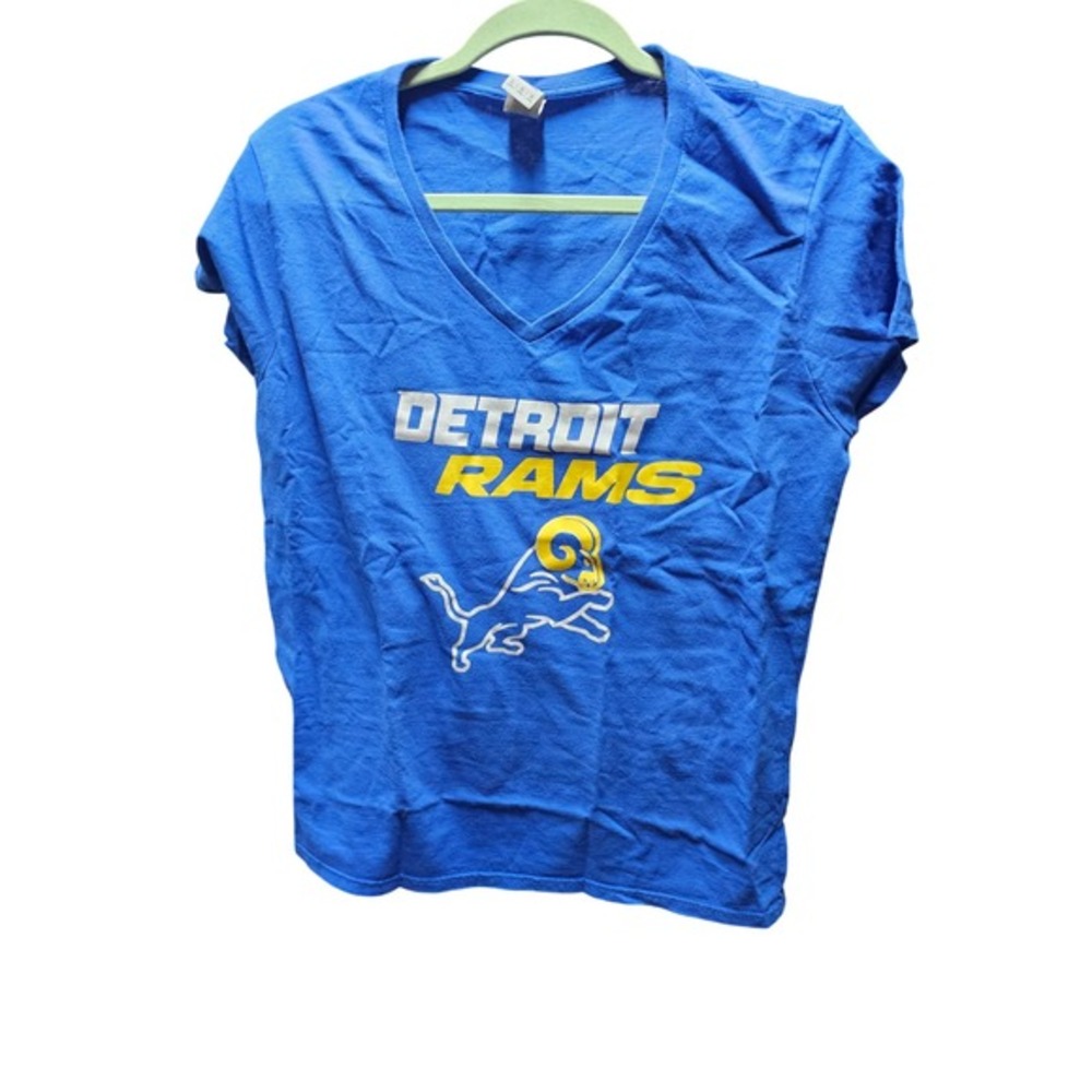 Detroit Rams V-Neck Short Sleeve T-Shirt Blue Football Graphic Tee‎